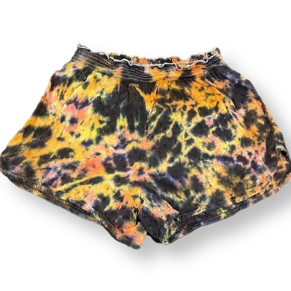 Tie dye pajama shorts orange yellow black fire galaxy elastic waist size L